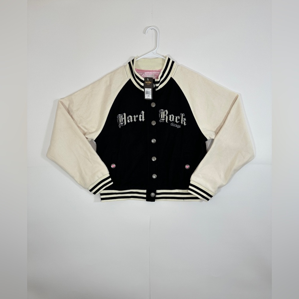 Hard Rock Cafe Women Size XL Chicago Varsity Bomber Jacket Black and Cream NWT